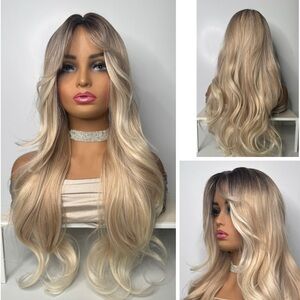 Balayage Dark Roots Blonde Long Wavy Wig with Side Bangs, Realistic Look